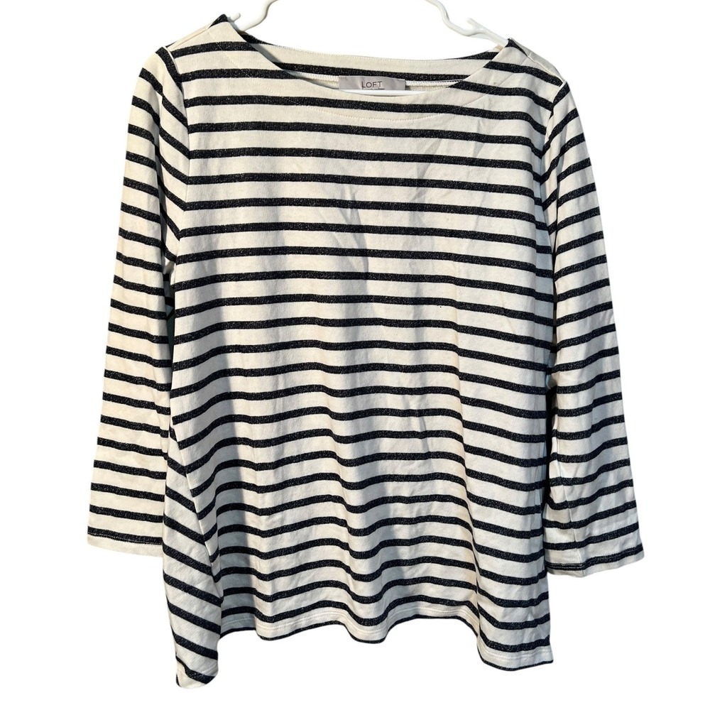 Loft Women's Size Large Boatneck T-Shirt White Navy Stripes Terry Cloth Boatneck